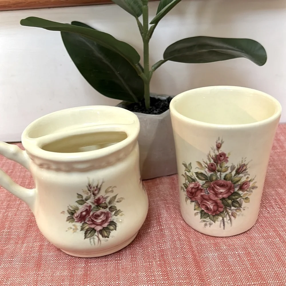 Vintage Collectable ATHENA Pink/Burgundy Roses SHAVING MUG Set. Or toothbrush